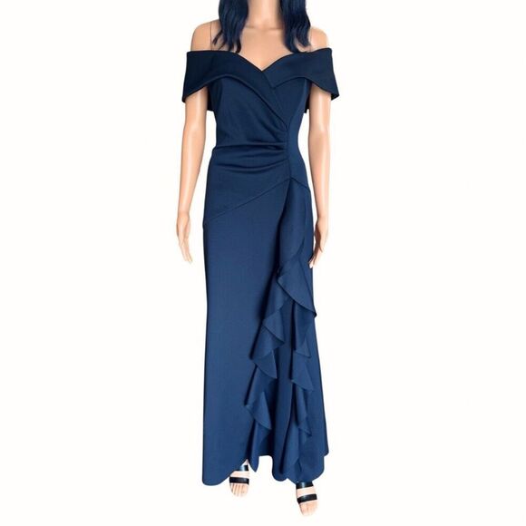 NWT XSCAPE Navy Patti Long Off the Shoulder Scuba Crepe Dress - Picture 6 of 10